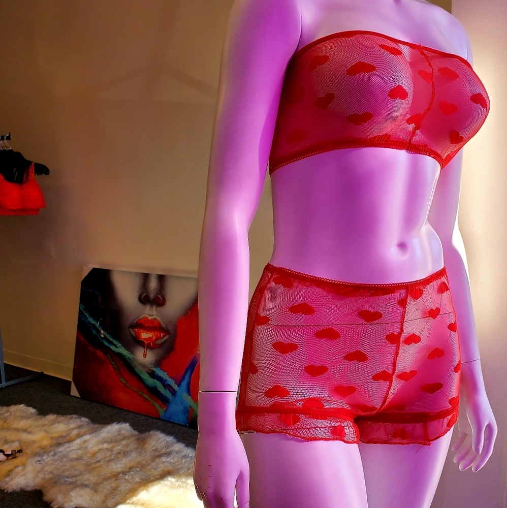 Red Heart Shape Mesh Sheer Lingerie Set